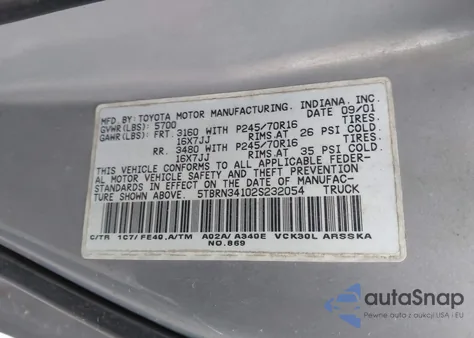 2002 Toyota Tundra Sr5 z USA, uszkodzony, nr VIN 5TBRN34102S232054